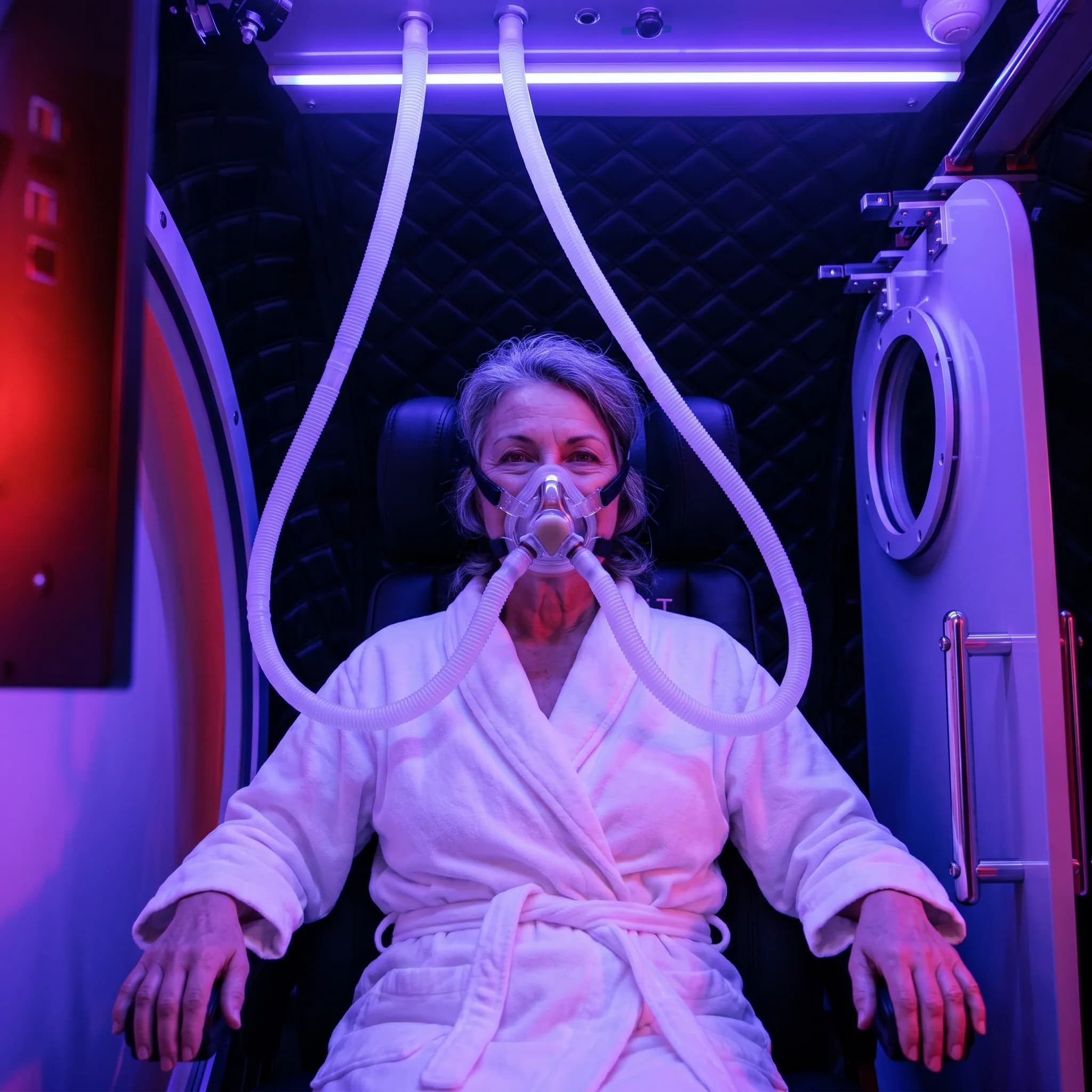 Senior woman preparing for a hyperbaric oxygen therapy session
