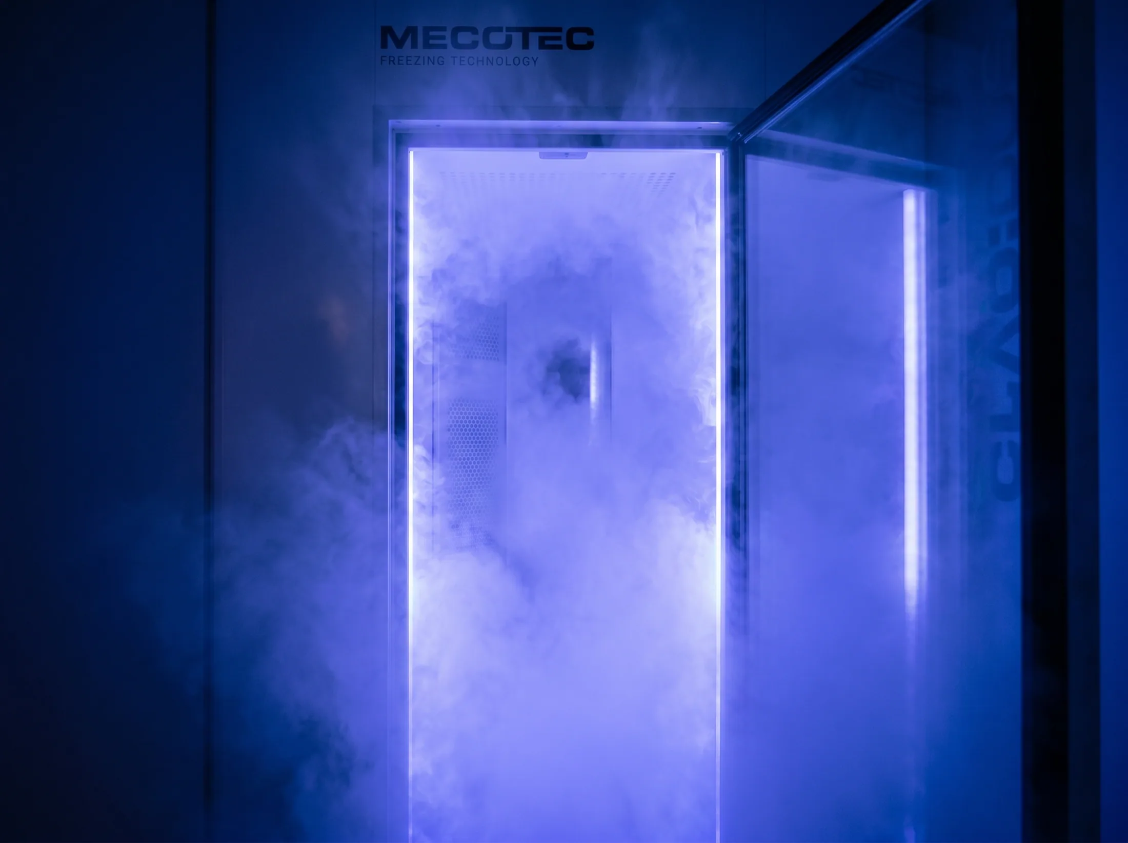 Empty cryotherapy chamber filled with cold mist