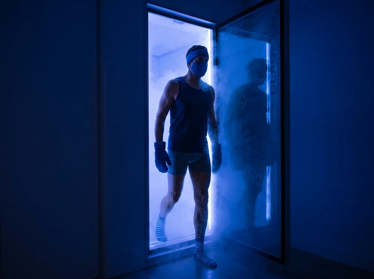Man stepping out of the cryotherapy chamber after a session